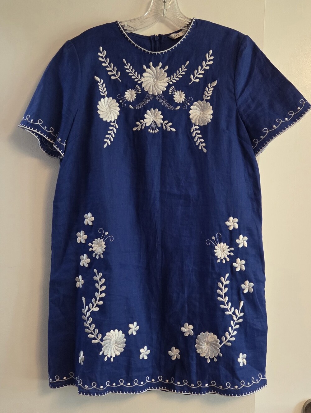 ZARA Linen Embroidered Blue White Dress Medium Boho Floral Cottagecore